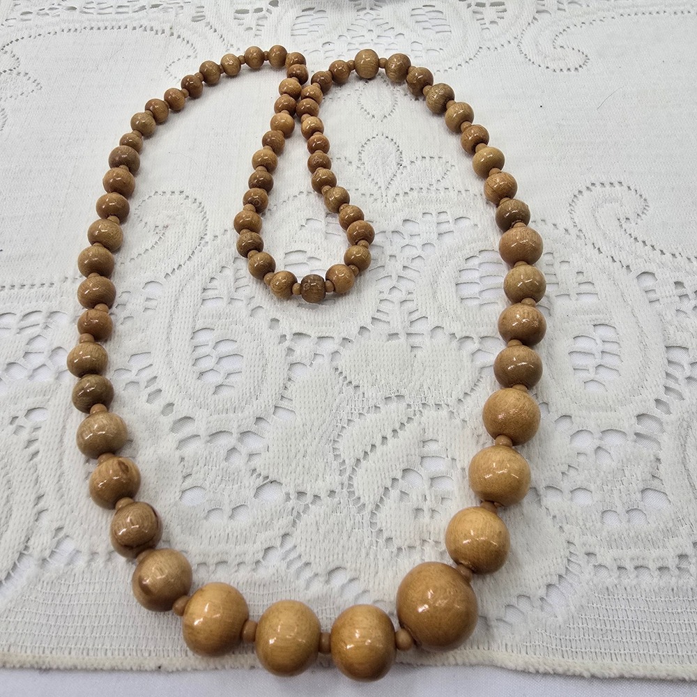 Vintage Graduated Wood Bead Necklace Brown Boho Natural Earthy Round Strand 30in - Picture 2 of 5